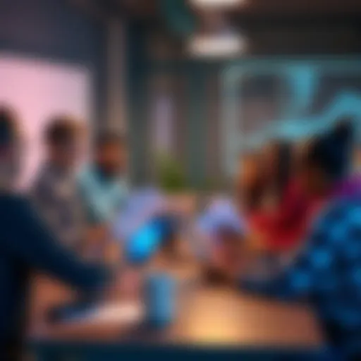 A group of diverse people gathered around a table discussing technology and Bytebreakers with laptops and papers