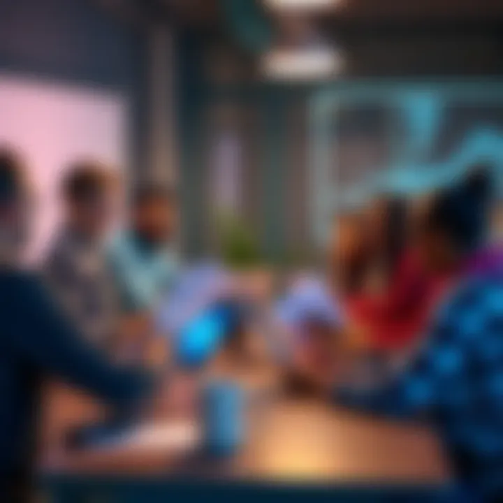 A group of diverse people gathered around a table discussing technology and Bytebreakers with laptops and papers