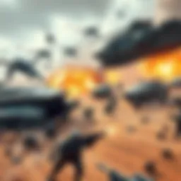 A fierce battle scene showing the Cabal's advanced technology clashing with the Imperium of Man's massive army. Soldiers and vehicles from both factions are engaged in combat, highlighting their military strengths.