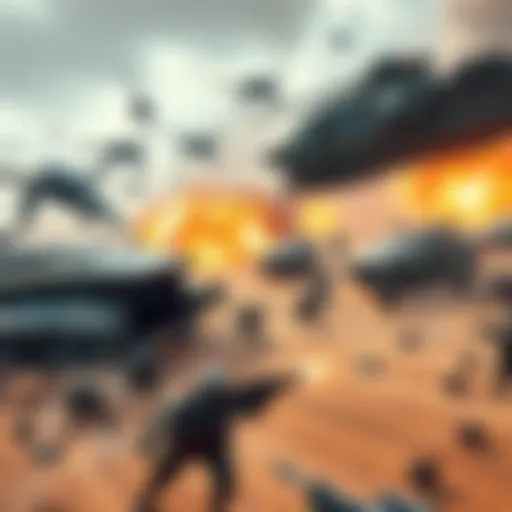 A fierce battle scene showing the Cabal's advanced technology clashing with the Imperium of Man's massive army. Soldiers and vehicles from both factions are engaged in combat, highlighting their military strengths.