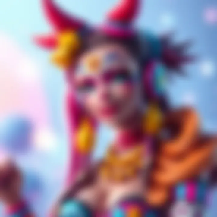 Artwork of Cabana Ana, a colorful gaming character with vibrant attire and unique features, set against a bright background.