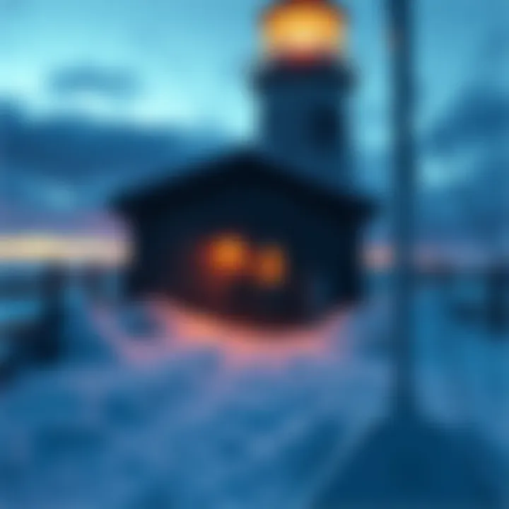 A locked cabin under a lighthouse with an electric lock and a snowy path leading to it.