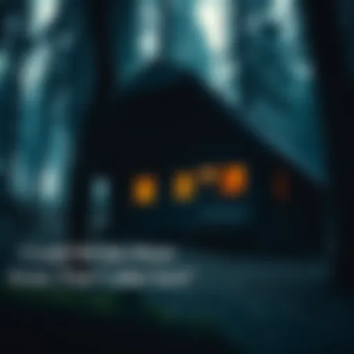 A cozy cabin surrounded by trees, hinting at secrets inside, with Eric Pope standing nearby looking thoughtful.