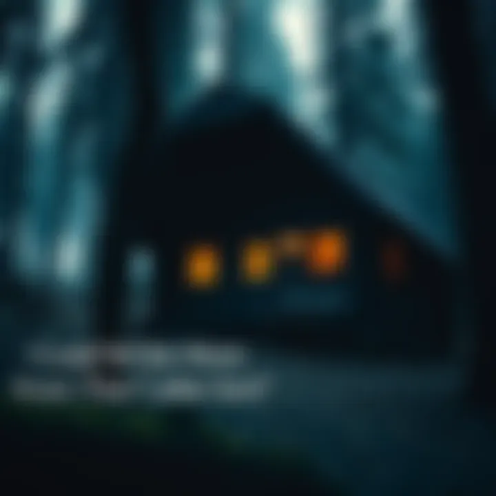Cabin in the woods A cozy cabin surrounded by trees, hinting at secrets inside, with Eric Pope standing nearby looking thoughtful.