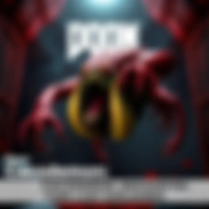 A Cacodemon floating in a dark, eerie level of Doom, showcasing its round, red body and large mouth.