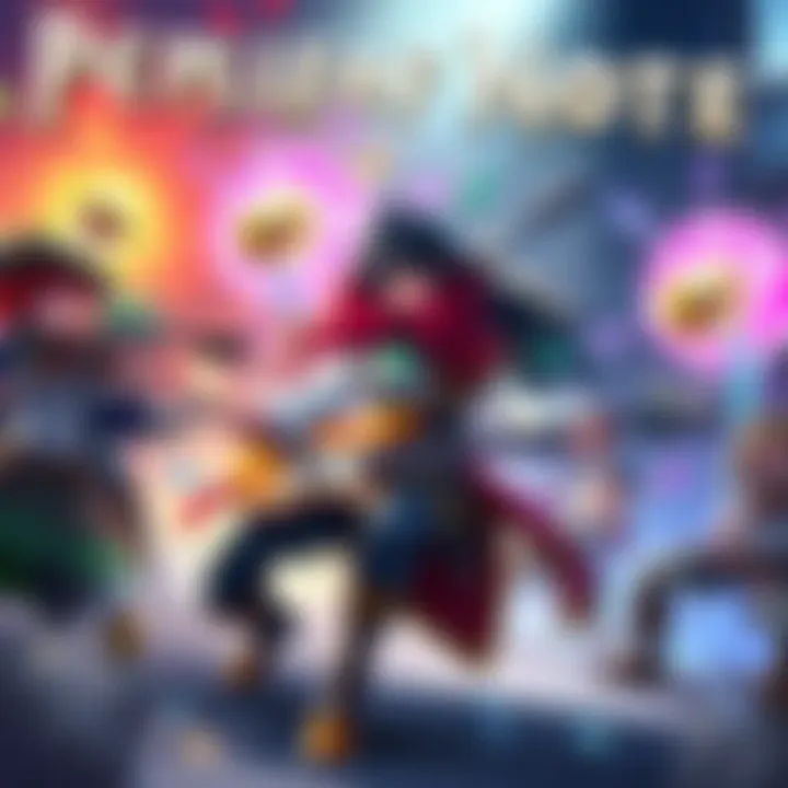 Cadence leads a group of musicians in a vibrant battle scene, showcasing musical performances and colorful attacks in a fantasy setting.