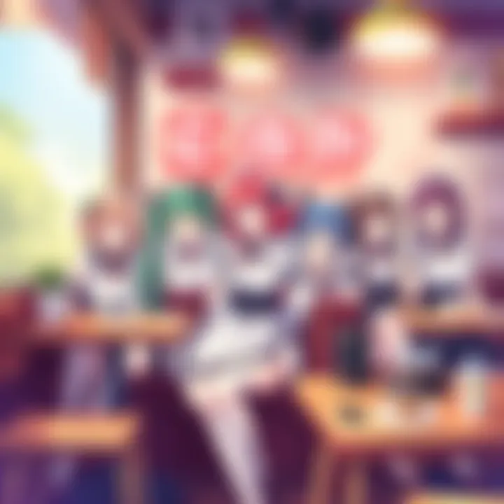 A colorful illustration showcasing the main characters from Cafe Maid - Hentai Edition in a cozy cafe setting, emphasizing their unique designs and expressions.