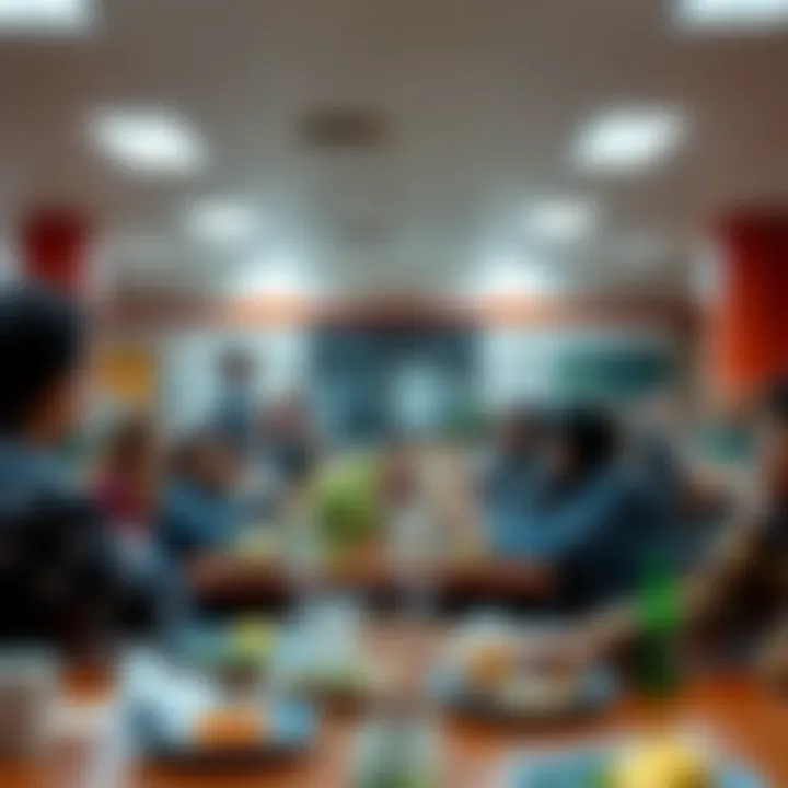 People enjoying meals and chatting in a busy cafeteria setting