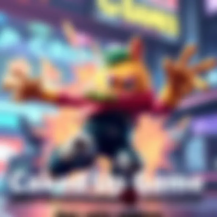 A colorful character from Caked Up Game showcasing dynamic moves and high energy in a vibrant game setting.