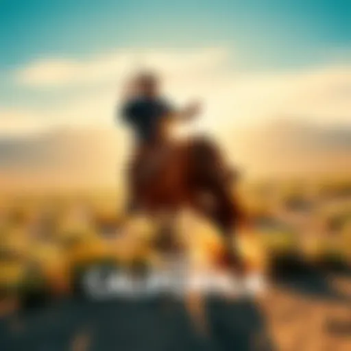 A cowboy riding a horse through a vast California landscape under a bright blue sky, showcasing the spirit of the Wild West.