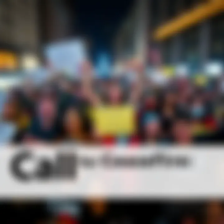 A diverse group of people holding signs for peace in a crowded city square, advocating for an immediate ceasefire to stop the violence