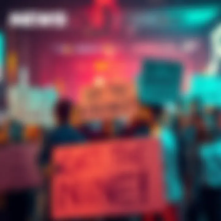 A group of people rallying together, holding signs that say 'By the Nine! Get up, Joel!' in a vibrant setting.