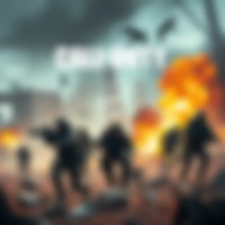 An action-packed scene featuring soldiers in a warzone, showcasing various Call of Duty game elements, with a focus on single-player campaigns.