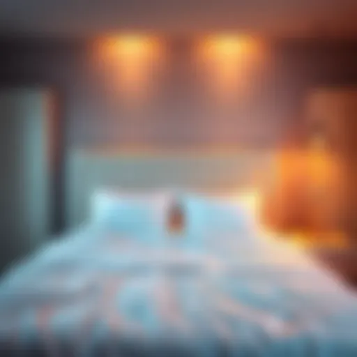 A serene bedroom featuring a neatly made bed, soft pillows, and relaxing lighting to promote restful sleep.