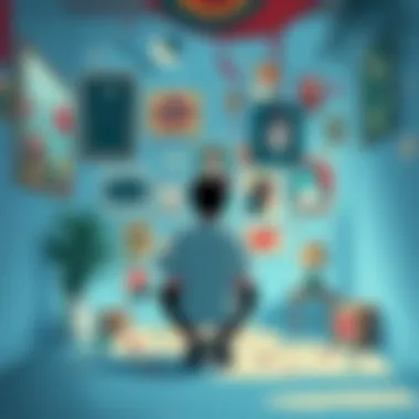 An illustration showing a person sitting in a quiet room surrounded by chaotic art, reflecting on their feelings of calmness and anxiety.