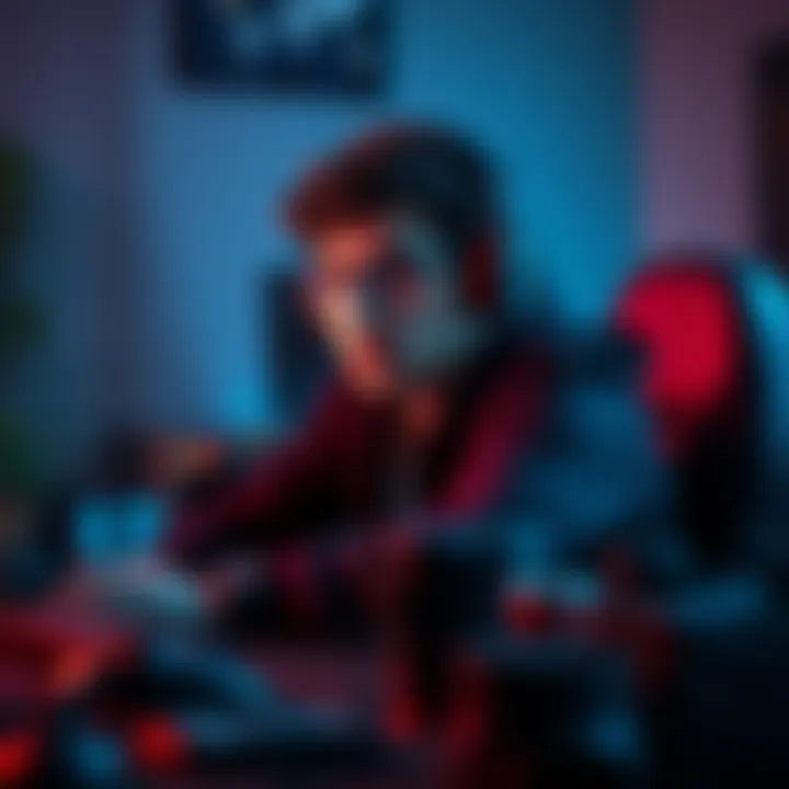 Calm Gamer Focused A focused gamer sitting at a desk, calmly playing a video game with a determined expression, surrounded by gaming gear.