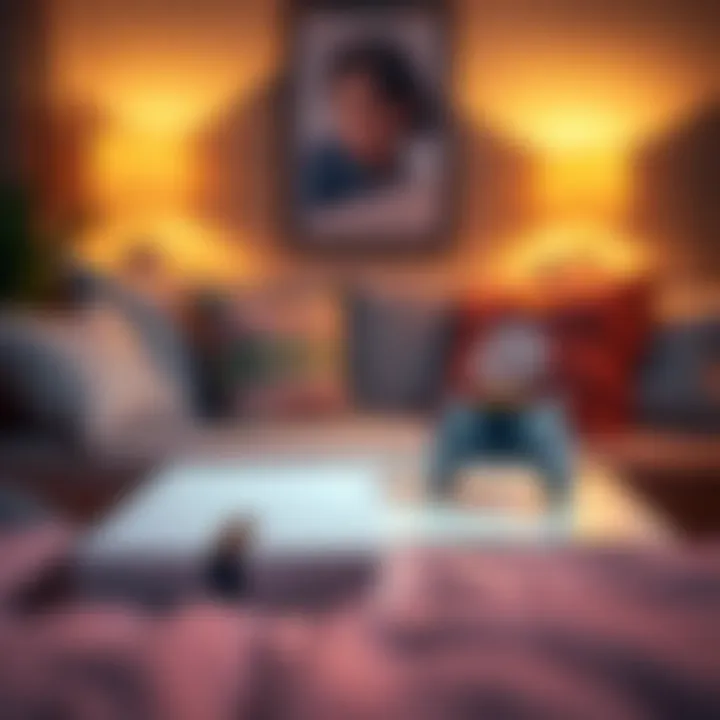 A cozy living room with a PS5 and Switch on a table, surrounded by soft pillows and calming light, suggesting a comforting gaming experience