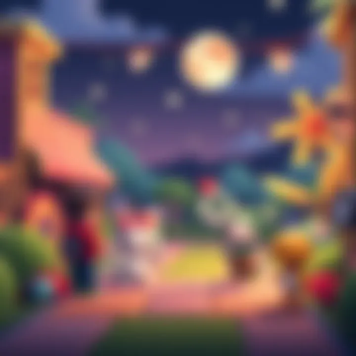 A peaceful gaming scene featuring adorable characters from non-violent games like 'Little Kitty Big City' and 'Pikmin 4', showcasing a colorful landscape and friendly interactions.