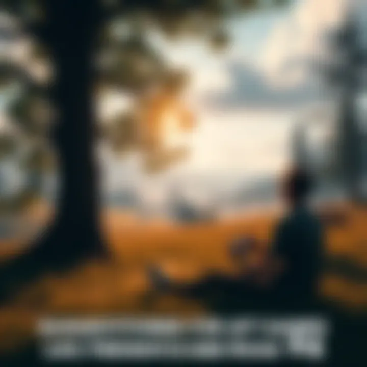 A serene landscape featuring a gamer sitting under a tree, playing a relaxing video game with a controller in hand, surrounded by nature.