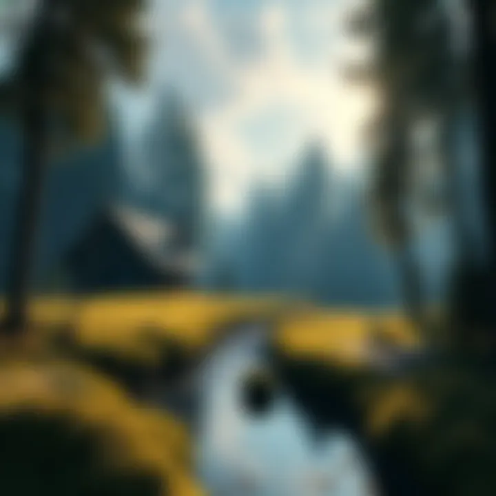 A peaceful forest setting with trees, a small cabin, and a gentle stream, reflecting a relaxing survival game environment.