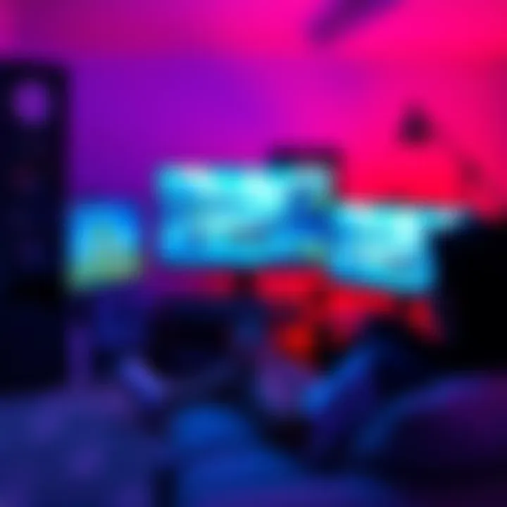 A cozy gaming setup with a computer screen showing a calming game, soft lighting, and a person relaxing with a controller in hand.