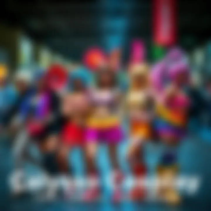 A group of cosplayers dressed as colorful Calypso-inspired characters at a local convention, showcasing vibrant costumes and accessories.