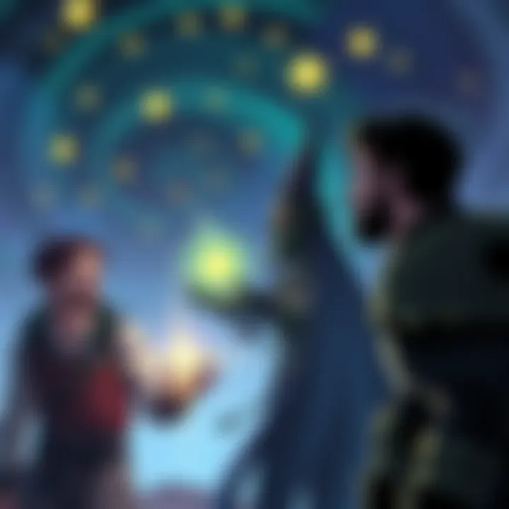 Calypso, a character with dark features, grants a wish to Stu and Mike, surrounded by swirling stars in a surreal setting