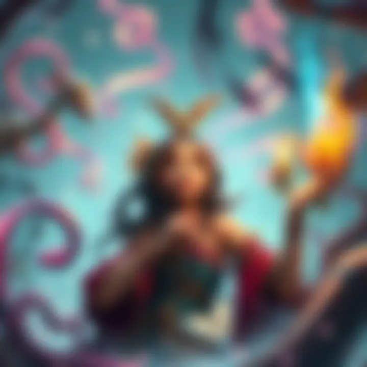 An imaginative scene showing Calypso, a mystical character, contemplating a bizarre wish request. She has a whimsical, playful expression, surrounded by swirling colors and dreamlike elements.