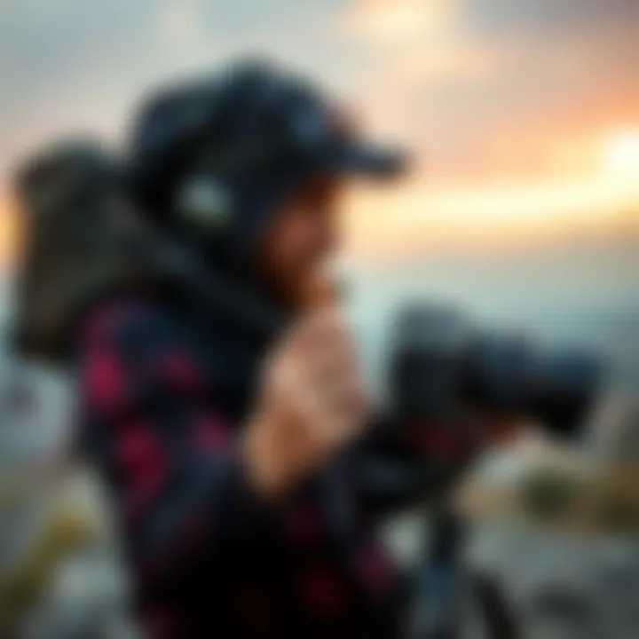 A photographer adjusting a camera and lens on a tripod, preparing for a shot outdoors.