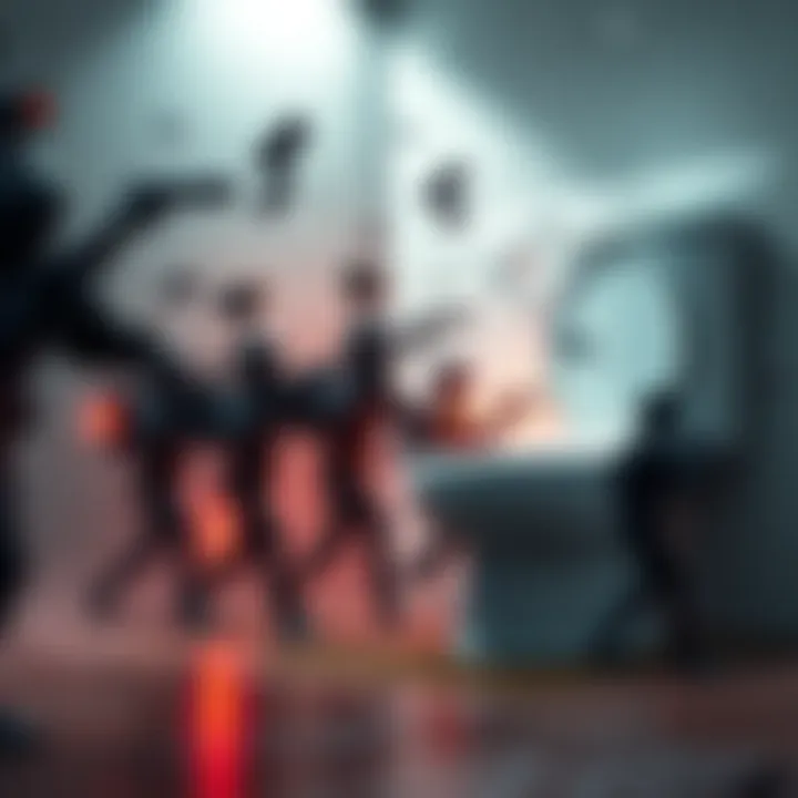 A group of agile cameras confronts a giant toilet in a playful battle scene