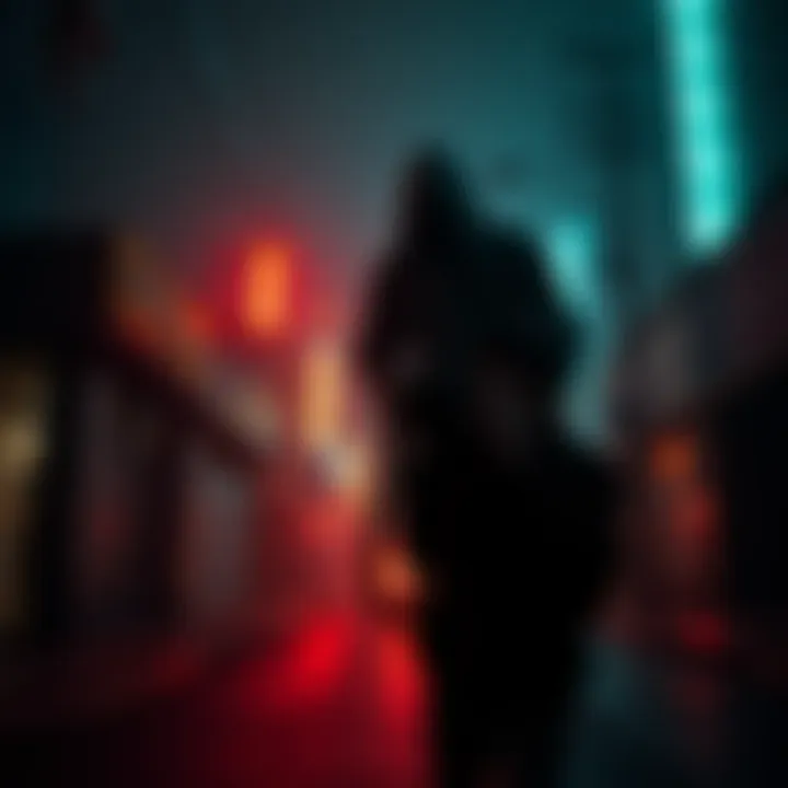 A ghostly figure looms over a person holding a camera in a dark street in America, showcasing the blend of horror and photography in a modern setting.