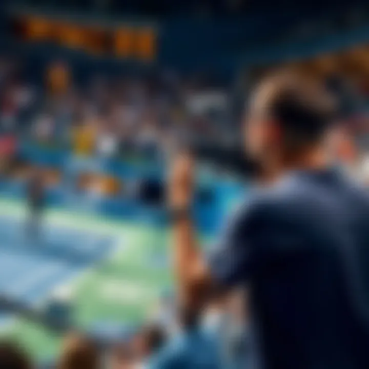 A cameraman filming a tennis match during a tense moment as a player shows frustration with their performance, surrounded by shocked fans.