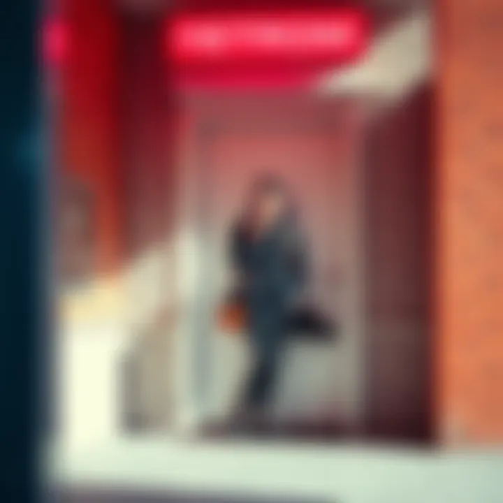 Speed's cameraman stands outside a restroom, looking relaxed and humorous while waiting