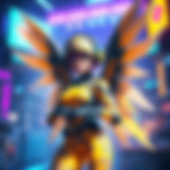 Mercy character wearing a camouflage skin with a playful design, set in a vibrant gaming environment.