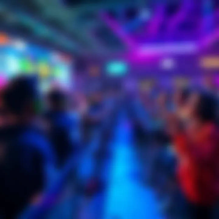 Two teams, Honeydew and Xephos, competing in a vibrant gaming environment with colorful graphics and cheering fans.