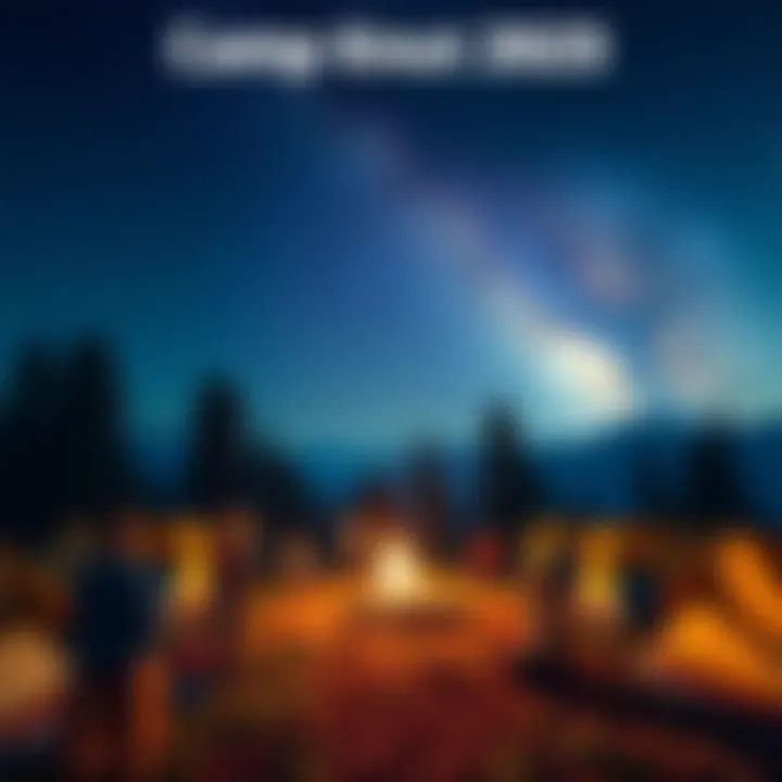 A vibrant camp scene with tents, people enjoying activities, and a bonfire under a starry sky