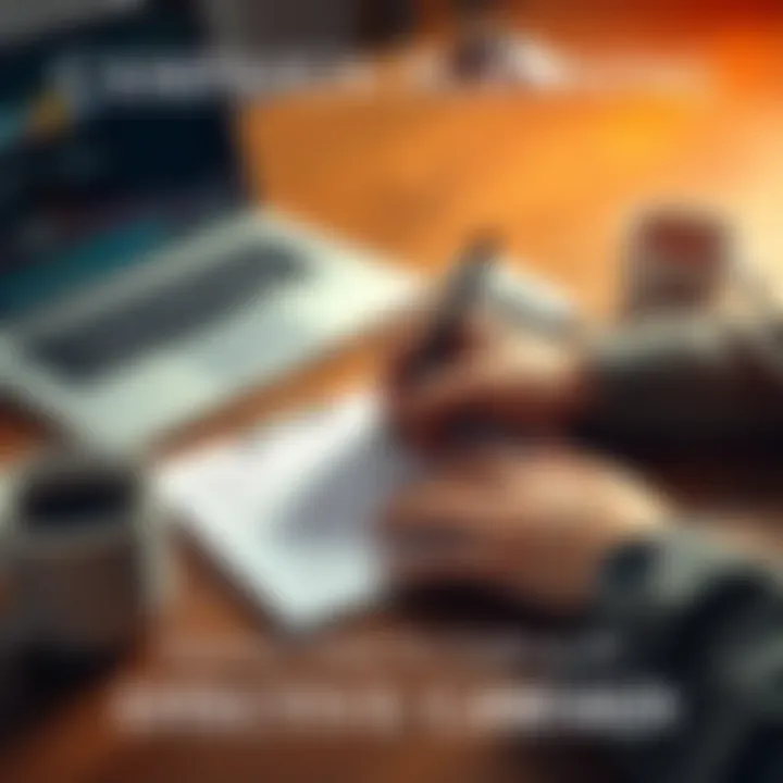 A person writing a campaign plan on a notepad with a laptop and coffee cup nearby.