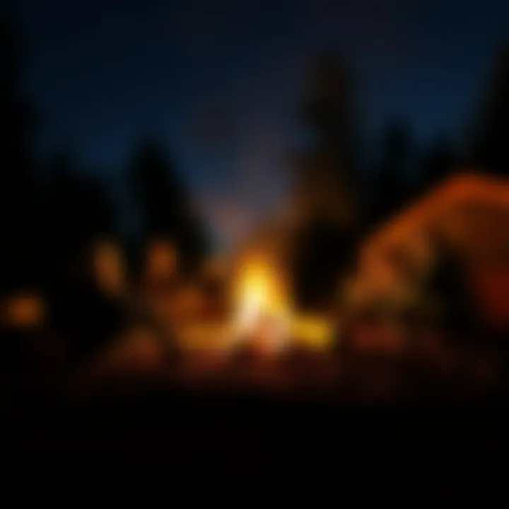 A group of people gathered around a campfire at night, discussing extraction camping experiences.