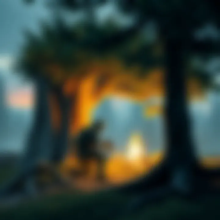 Camping Player Ambush A player hides behind a tree, waiting to ambush another player who just finished looting.