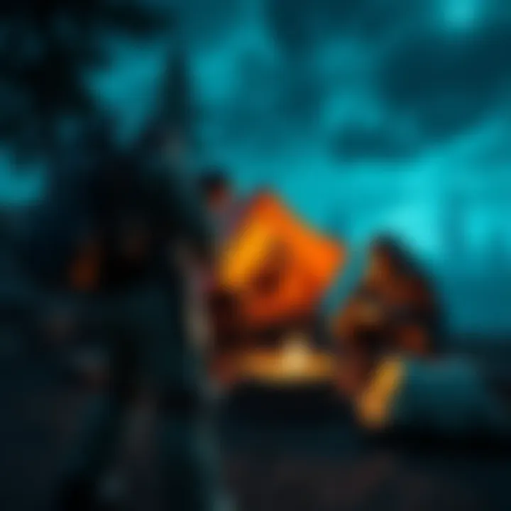 Camping players in a game Three players camping at a location in a video game, strategizing together while observing the surroundings.
