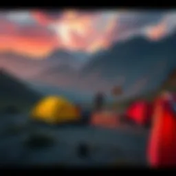 A group of people setting up tents in a scenic but dangerous area with warning signs nearby