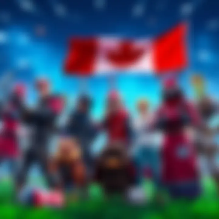 A vibrant scene showing Canadian-themed Fortnite characters creating memes and having fun