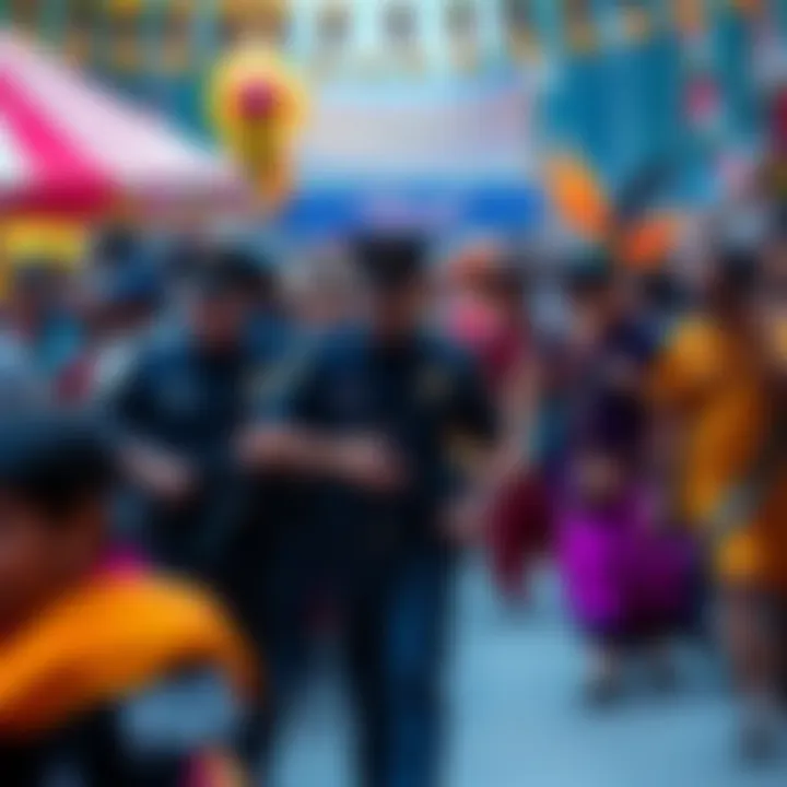 Canadian police escorting a person named Neon through a large crowd at an Indian festival