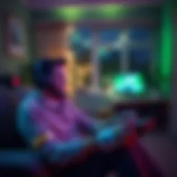 A person sitting in a cozy room, playing video games while wearing a hospital bracelet, showcasing both joy and resilience despite their illness.