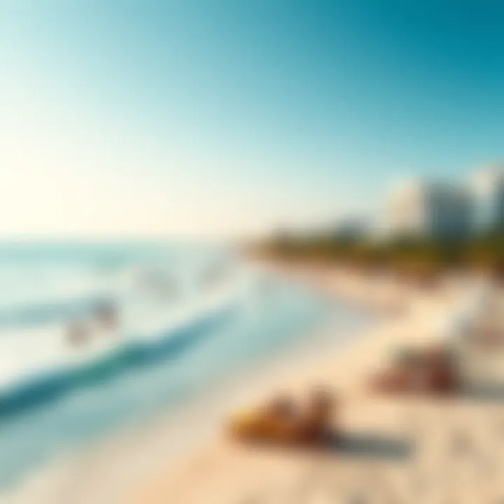 Bright Cancun beach filled with sunbathers enjoying the sun and ocean waves