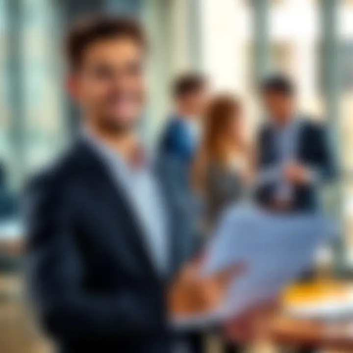 A confident individual in a business suit smiles while holding a resume, with a team in the background discussing.