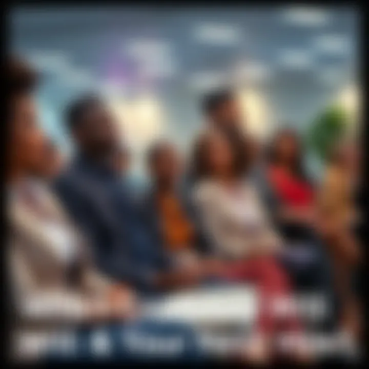 A group of diverse candidates sitting in a waiting area, preparing for job interviews, showcasing various professional attire.