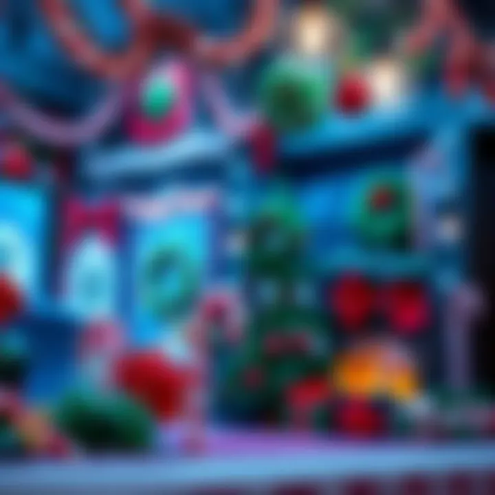 A festive display featuring a vibrant candy cane border enhancing holiday decorations