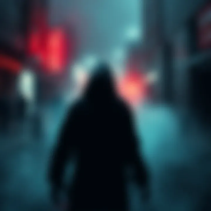 Candyman Horror Character A dark figure with a hook for a hand standing in a misty urban environment, reflecting the chilling essence of the Candyman legend.