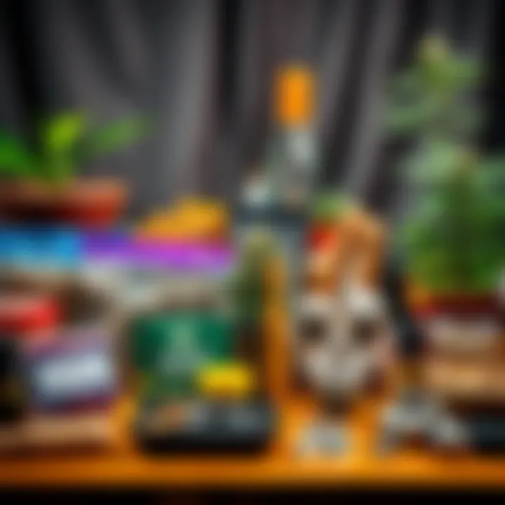 Cannabis Products Display A variety of cannabis products including seeds, edibles, and cultivation tools arranged on a table